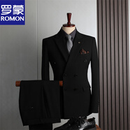 羅蒙（ROMON）西服套裝男英倫風(fēng)雙排扣商務(wù)休閑西裝三件套新郎結(jié)婚禮服小西服男 黑色(西服+馬甲+西褲) XL 52(123-135斤)
