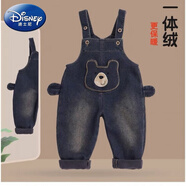 迪士尼（DISNEY）寶寶背帶褲秋季加絨加厚一歲男童小童女可開(kāi)檔嬰兒牛仔褲子秋冬款 牛仔一體絨背帶褲 90 可開(kāi)檔