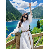 勤度適合草原拍照的裙子2025年云南新疆旅游拍照連衣精致小眾設(shè)計刺繡 白色連衣 配腰帶 XL 建議140-155斤