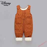 迪士尼（Disney）兒童背帶褲男童女童秋冬一體絨棉褲寶寶開檔小童嬰兒加厚外穿褲子 咖色加絨加厚 80