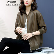 衣典零一2022秋裝新款秋季女裝春秋韓版時尚氣質寬松遮肚子顯瘦中年女士小個子皮衣夾克服休閑短外套上衣 咖啡色 M（推薦95-115斤）