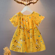 少仕女童雪紡連衣裙 2024夏裝新款童裝收腰1-7歲淑女公主裙寬松 雪紡鮮花黃色 偏小 95cm(M)