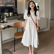 億梵莎連衣裙學(xué)生甜美溫柔風(fēng)刺繡拼接裙子女夏天2022新款木耳邊泡泡袖過(guò)膝中長(cháng)裙 白色 均碼