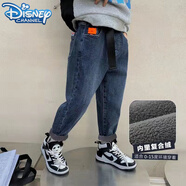迪士尼（Disney）男童加絨牛仔褲2023冬新款兒童一體絨褲子中大童男孩加厚長(cháng)褲潮 藍色貼標加絨牛仔褲 120