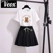 VEOX套裝女兩件套2025年新款裙子學(xué)生韓版夏季時(shí)尚印花套裝短裙+T恤女 白色寶貝熊上衣+黑色裙子_ S