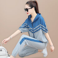 慕之美時(shí)尚運動(dòng)套裝女夏季薄款寬松蝙蝠衫闊袖五分袖長(cháng)褲休閑套裝兩件套 藍灰-兩件套 L(適合100斤-110斤)