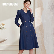 ROEYSHOUSE羅衣職業(yè)OL仿牛仔連衣裙女秋裝新款優(yōu)雅V領(lǐng)泡泡袖中長(zhǎng)裙06115 牛仔藍(lán) S