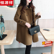 恒源祥毛呢大衣女雙面羊毛大衣中長(cháng)款韓國藍色雙排扣西裝POLO領(lǐng)外套女士 駝色 S