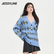 JESSYLINE杰茜萊時(shí)尚深灰色菱格v領(lǐng)針織開(kāi)衫女秋新款毛衣外套 商場(chǎng)同款 藍色 XS/155