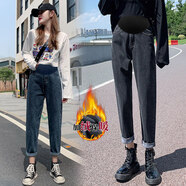 南叮雅格孕婦牛仔褲秋冬彈力托腹老爹褲外穿秋冬款孕婦褲百搭直筒褲長(cháng)褲 黑灰色加絨款 XL 125-135斤