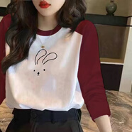 纖蕓沐長袖t恤女春秋裝女圓領顯瘦寬松百搭打底衫上衣拼接外穿體恤衫女 酒紅肩白色黑兔子 2XL 建議125-140斤