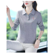 女士t恤春秋季新款女裝洋氣翻領(lǐng)polo衫長(zhǎng)袖體恤打底衫 148A灰色 2XL 建議125-130