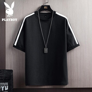 花花公子（PLAYBOY）冰絲短袖T恤男士夏季純色亞麻運動速干半袖寬松百搭打底衫上衣服t T65黑色 2XL (161-180斤)