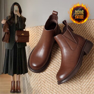 ZHR短靴女秋冬復古真牛皮通勤女靴舒適加絨切爾西靴 EH18A 棕色 40 