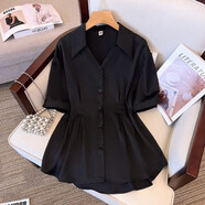 邦菲爾 大碼女裝翻領(lǐng)收腰短袖襯衫女夏季韓版潮新款胖妹妹時(shí)尚氣質(zhì)上衣 黑色 2XL 建議145到160斤