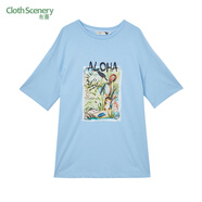 布景T恤女夏季新品簡(jiǎn)約純色圓領(lǐng)五分袖中長(cháng)款純棉上衣 淺藍花鳥(niǎo) L