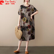 皮爾卡丹（pierre cardin）2024夏季新款棉麻花色格子寬松短袖胖過膝復(fù)古連衣裙口袋氣質(zhì)女針 咖抽象圖8192# 均碼 建議200斤以內(nèi)