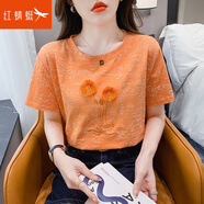 紅蜻蜓2025年純棉短袖女士正肩t恤女裝新款刺繡半袖體恤春夏裝圓領(lǐng)上衣 橘色短袖 L
