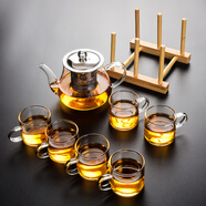 瓷牌茗茶具（cipaiming teaset） 透明玻璃茶具整套套裝家用功夫茶壺茶杯會(huì)客泡茶器 透明八駿壺6個(gè)把杯+梯形杯架