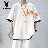 花花公子（PLAYBOY）短袖T恤男套裝男2025夏季新款美式休閑短褲兩件套情侶居家寬松潮 TZ023上衣白色 M
