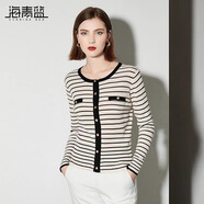 海青藍(lán)（CYANINE SEA）小香風(fēng)條紋撞色圓領(lǐng)長袖毛衣女2024秋季新款顯瘦針織衫上衣休閑 杏色