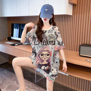 予瑾長(zhǎng)款t恤女遮臀寬松版薄款冰絲網(wǎng)眼速干衣連衣夏季中短袖卡通T恤 藍(lán)姑娘 S 建議100斤左右