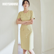 ROEYSHOUSE羅衣知性OL純色連衣裙女夏裝新款簡(jiǎn)約淺黃修身短袖裙子06678 淺黃色 S