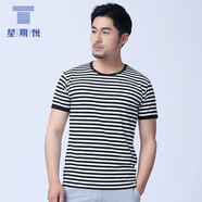 星期悅?；晟滥鸂栃缕方z光棉圓領(lǐng)?；晟滥?條紋短袖t恤 男士夏季 黑色-男 男185/XXL