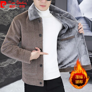 皮爾卡丹（pierre cardin）加絨加厚毛呢夾克男青年修身仿水貂絨夾克韓版痞帥毛領(lǐng)保暖外套 卡其色 XL 125-140斤