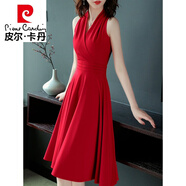 皮爾卡丹（pierre cardin）紅色雪紡連衣裙女夏2024新款掛脖v領(lǐng)無袖氣質(zhì)修身優(yōu)雅飄逸中長(zhǎng)裙 紅色 3XL 建議(135-150斤