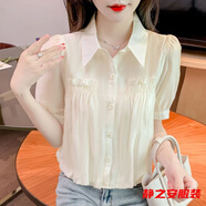 NYCKJK瑪菲萱短袖雪紡襯衫女新款夏季顯瘦遮肚子小衫洋氣減 杏色 M165