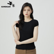 哥弟女裝圓領(lǐng)修身彈力褶皺設(shè)計(jì)套頭短袖T恤衫女1300706 黑 L (4碼)