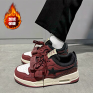 喜洛馳國潮春季美拉德氣墊板鞋男情侶百搭休閑運動(dòng)鞋子秋冬季潮流籃球鞋 酒紅色加絨 42