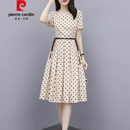 皮爾卡丹輕奢高檔品牌波點(diǎn)連衣裙女2021年夏季新款顯瘦氣質(zhì)流行夏天法式雪紡長(zhǎng)裙子針織 杏色 M