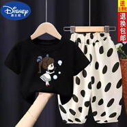 迪士尼（DISNEY）2023新款女童夏季套裝潮衣純棉短袖T恤波點褲兩件套運動衣服 (夏季套裝)黑色泡泡女孩+波點褲 140 建議身高130-140CM