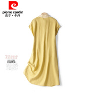 皮爾卡丹（pierre cardin）亞麻連衣裙女寬松韓版高端薄款夏季文藝棉麻短袖顯瘦娃娃領(lǐng)中長(zhǎng)裙 黃色 2XL 【150-175斤】