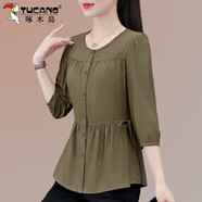 啄木鳥(niǎo)白色雪紡襯衫女夏季七分袖夏裝寬松休閑遮肚子襯衣上衣 駝色 S 建議80-95斤