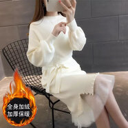 全穎蕾加絨春秋秋純色長(zhǎng)款半高領(lǐng)釘珠針織毛衣過(guò)膝網(wǎng)紗拼接腰帶打底子 米白色加絨 M 90斤-105斤