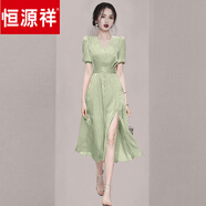 恒源祥高端名媛輕奢連衣裙小眾設計氣質修身裙子高級感女裝女神范長裙夏 綠色 L