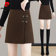 皮爾卡丹（pierre cardin）毛呢短褲女秋冬季2025新款高腰a字假兩件前裙后褲外穿短裙褲一體 咖色 26/S 【85-95斤】