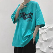 卡圖弛 衣服男夏季短袖t恤男寬松休閑套裝韓版潮流百搭五分半截袖男青少年美式復古運動(dòng)短褲一套上衣男裝 湖藍色短袖 XL【建議115-130斤】