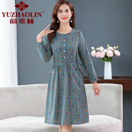 俞兆林（YUZHAOLIN）中年媽媽棉麻連衣裙40-50歲春裝中老年女裝2025新款春秋碎花裙子 綠色 L 參考90-105斤