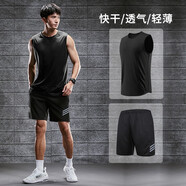 步銳特（BURUITE）健身衣服男冰絲速干背心運(yùn)動(dòng)服套裝夏季T恤籃球服送父親短袖跑步 83606黑色+62套裝 2XL【推薦體重130-150斤】