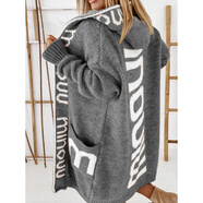 貝吉棋白糖玫瑰秋冬新品中長(cháng)款開(kāi)衫連帽字母針織衫女裝歐美毛衣針織外套 灰色 M