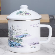 歐麗家注意容量琺瑯搪瓷搪瓷杯子大茶缸家用大容量厚懷舊老式鐵瓷茶缸子 12cm新-山水畫 1200ml 1只