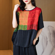 SOEM高端大碼女裝真絲撞色拼接上衣女夏200斤胖MM寬松遮肚子肉顯瘦T恤 紅方（圓領(lǐng)）花位置不固定 3XL 【建議體重140-155斤】