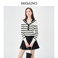 曼婭奴（MIGAINO）設(shè)計感毛衣女2025秋季新款海軍領(lǐng)條紋休閑針織上衣 杏黑條 S 155/80A