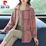 皮爾卡丹秋冬新款水貂絨外套女中長(cháng)款開(kāi)衫加厚媽m媽格子雙面絨毛呢大衣 粉色 XL (建議118-128斤)