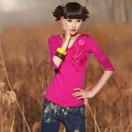 裂帛原創(chuàng)設(shè)計早春新品V領(lǐng)時尚民族風刺繡長袖T恤51AN0074 玫紅 L
