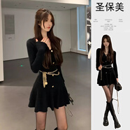 圣保美小香風(fēng)連衣裙春季女裝2025新款春秋氣質(zhì)小個子收腰顯瘦針織短裙子 黑色 M 碼